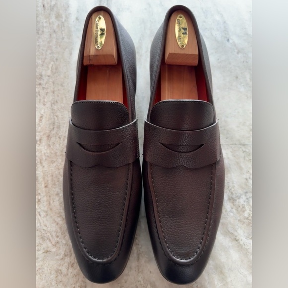 SANTONI BROWN PEBBLED LEATHER PENNY LOAFERS $1000 10.5 Moccasins Slip On Kiton - Picture 1 of 9